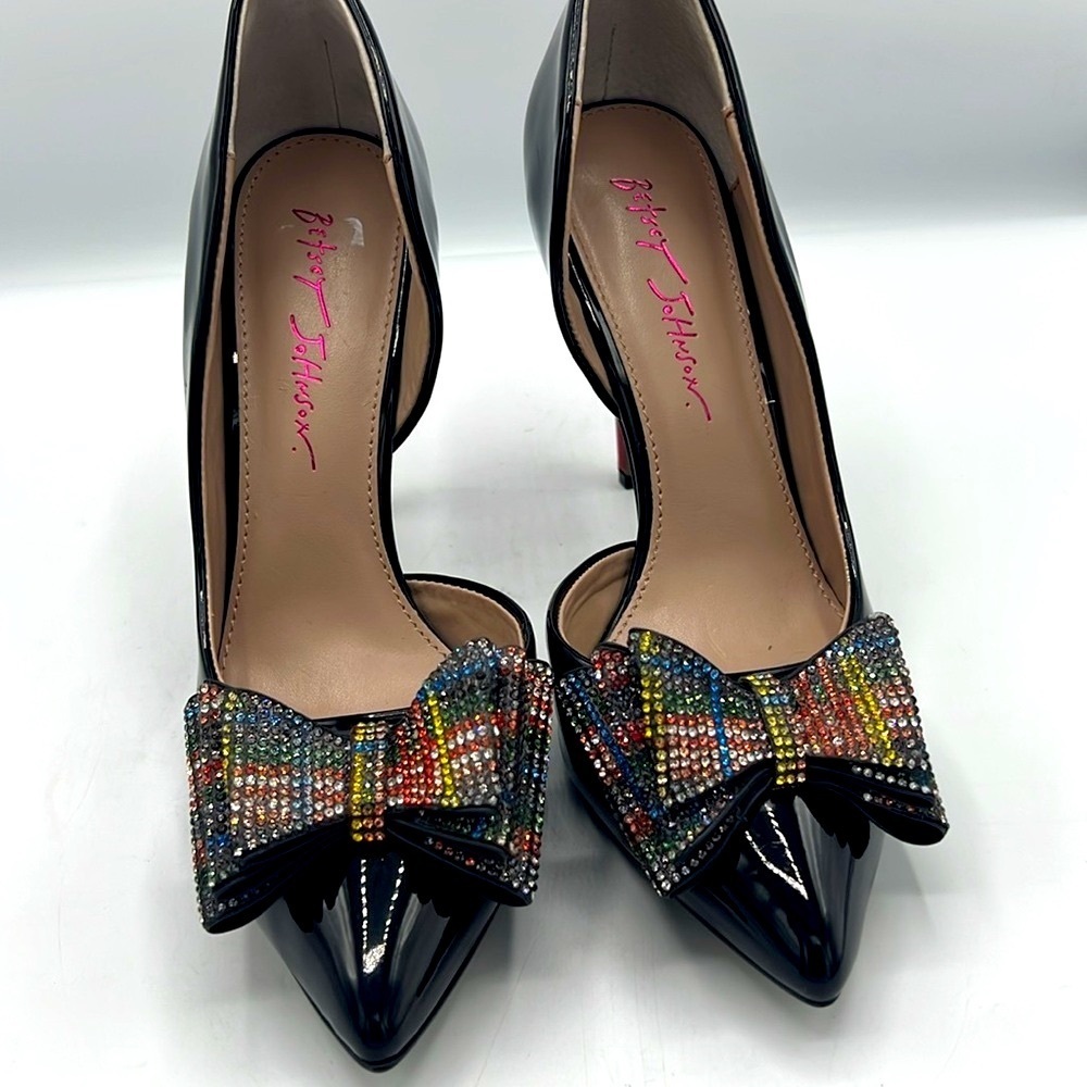 Betsey Johnson Black Patent with Red Heel and Rhinestone Bow - Picture 2 of 9